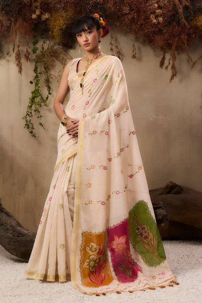 Jyoti Fashion Women's Orange Soft Muga Cotton Resham Weaving Saree with Blouse