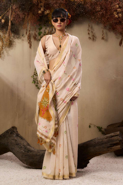 Jyoti Fashion Women's Orange Soft Muga Cotton Resham Weaving Saree with Blouse