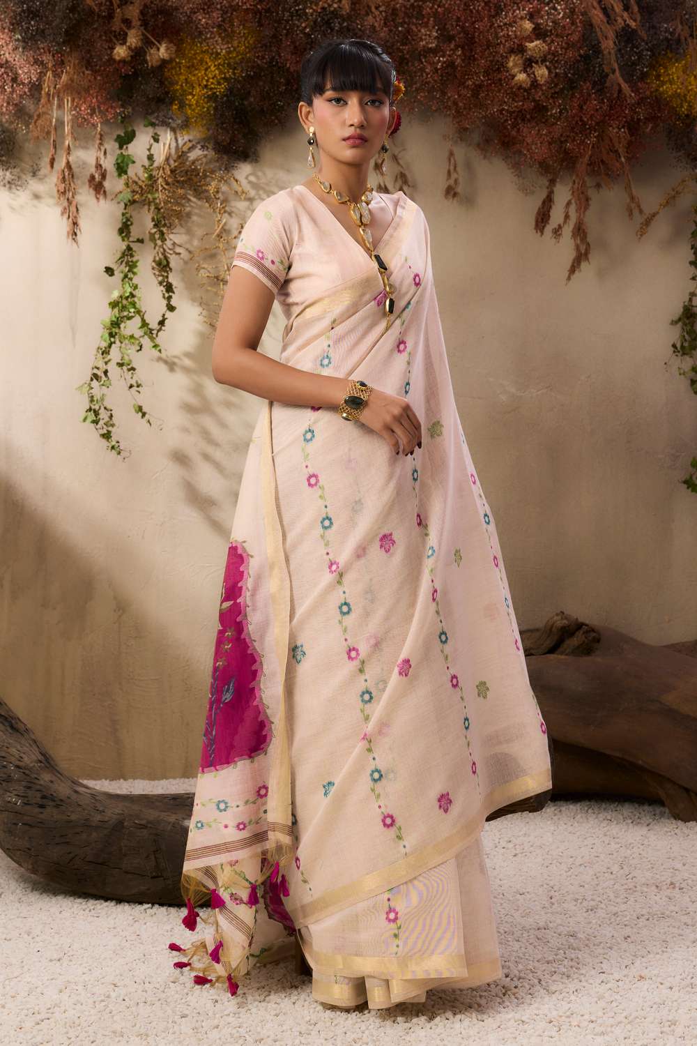 Jyoti Fashion Women's Pink Soft Muga Cotton Resham Weaving Saree with Blouse