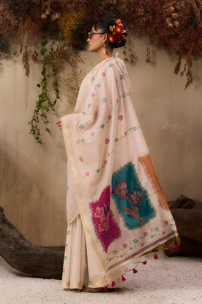 Jyoti Fashion Women's Pink Soft Muga Cotton Resham Weaving Saree with Blouse