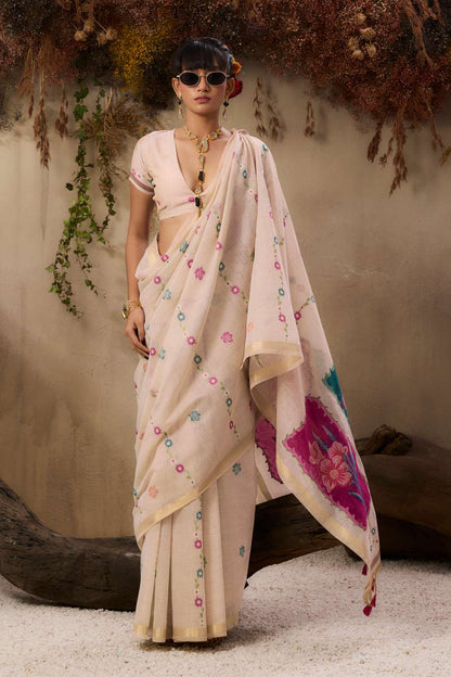 Jyoti Fashion Women's Pink Soft Muga Cotton Resham Weaving Saree with Blouse