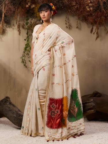 Jyoti Fashion Women's Red Soft Muga Cotton Resham Weaving Saree with Blouse