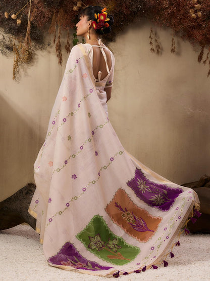 Jyoti Fashion Women's Wine Soft Muga Cotton Resham Weaving Saree with Blouse