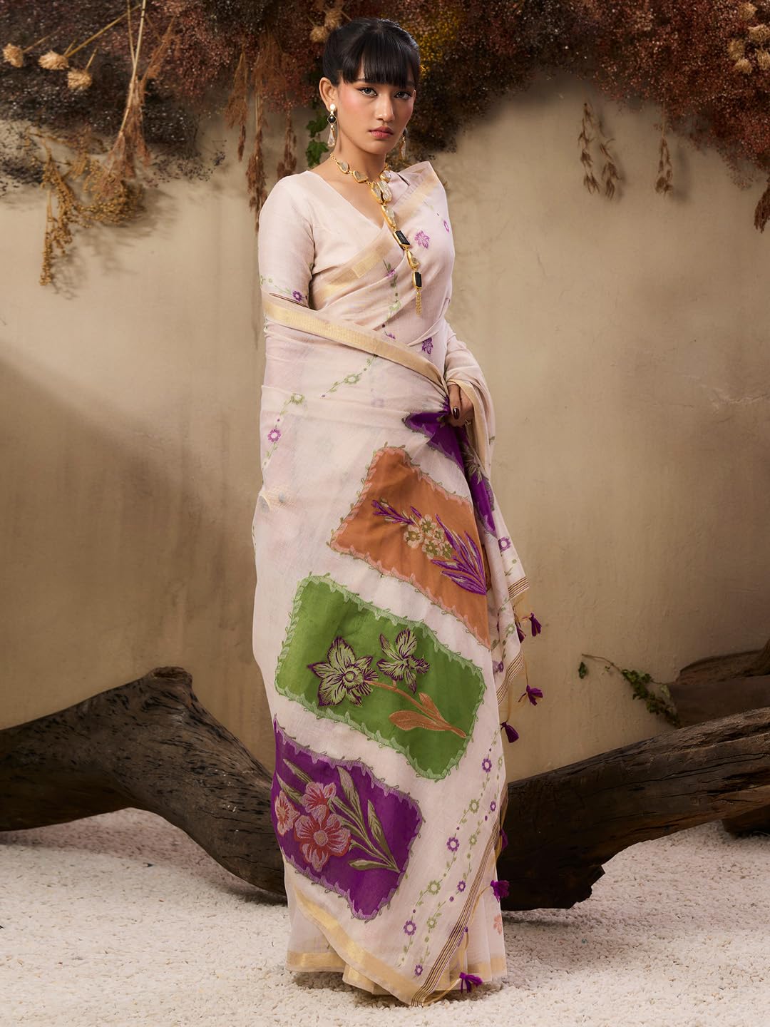 Jyoti Fashion Women's Wine Soft Muga Cotton Resham Weaving Saree with Blouse