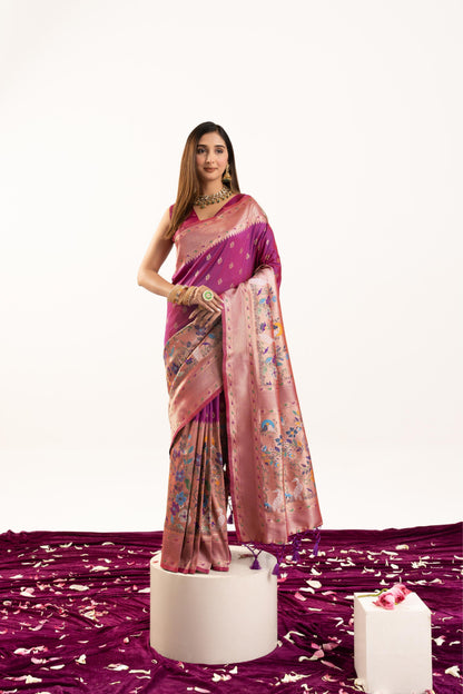 Jyoti Fashion Women's Magenta Soft Banarasi Silk Zari Woven Saree with Blouse