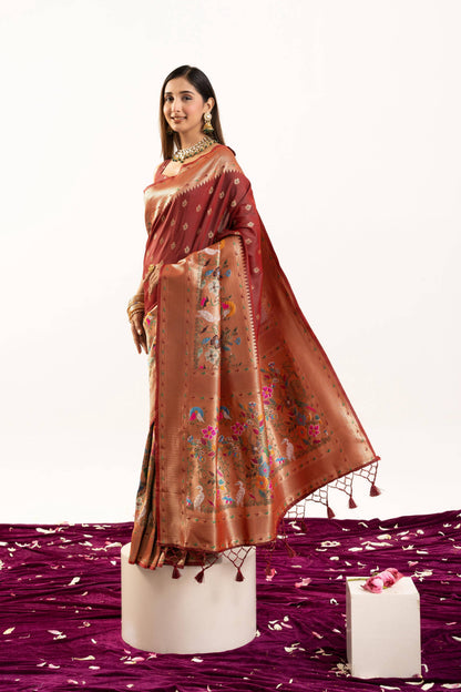 Jyoti Fashion Women's Maroon Soft Banarasi Silk Zari Woven Saree with Blouse