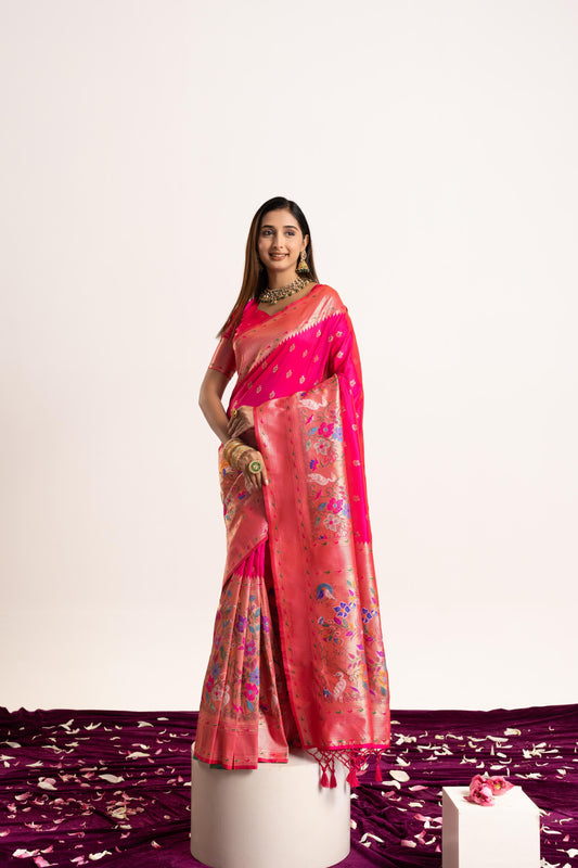 Jyoti Fashion Women's Pink Soft Banarasi Silk Zari Woven Saree with Blouse