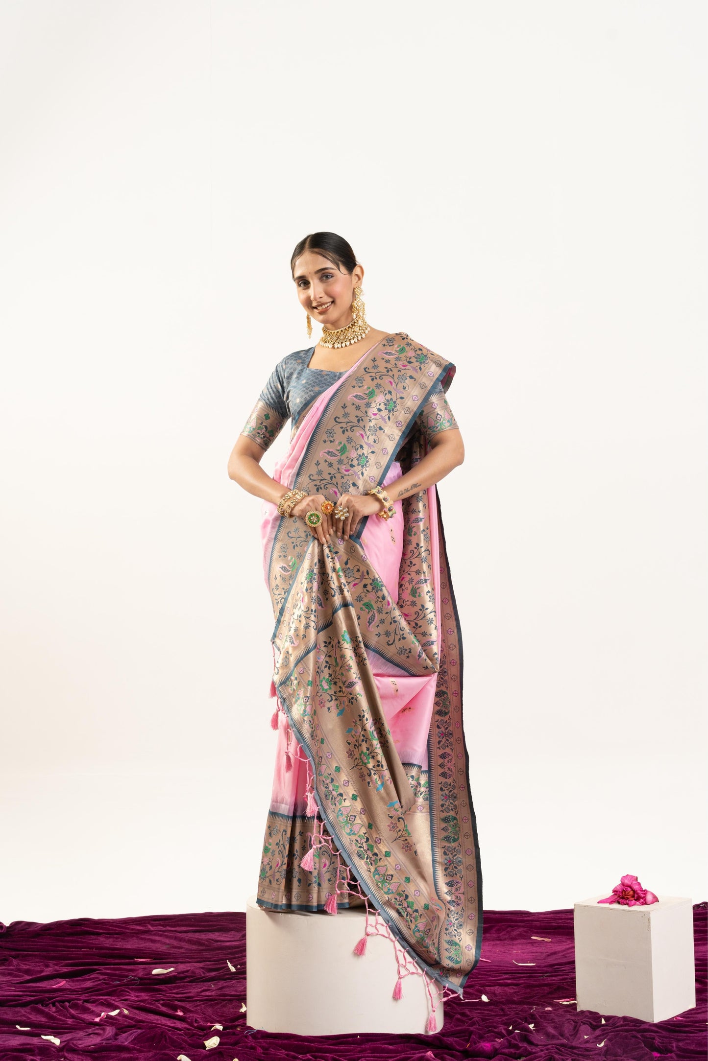 Jyoti Fashion Women's Baby Pink Soft Banarasi Silk Zari Woven Saree with Blouse