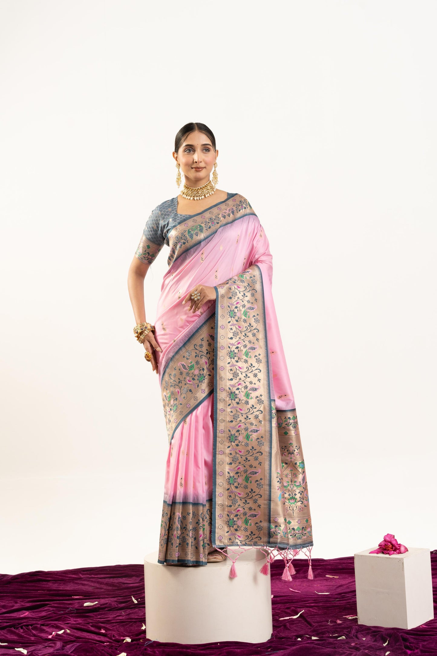 Jyoti Fashion Women's Baby Pink Soft Banarasi Silk Zari Woven Saree with Blouse