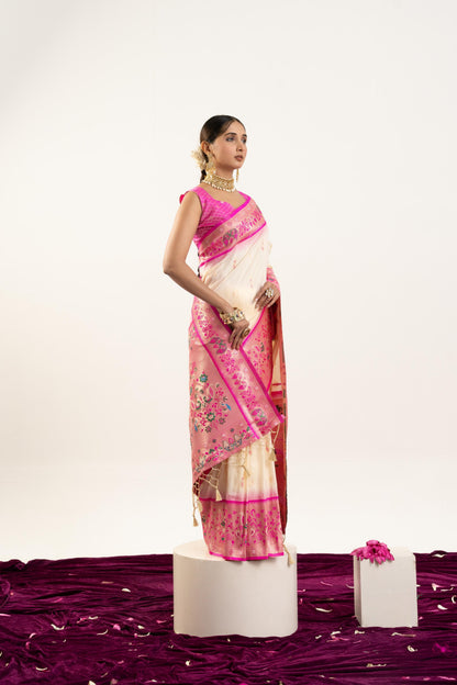 Jyoti Fashion Women's Cream Soft Banarasi Silk Zari Woven Saree with Blouse