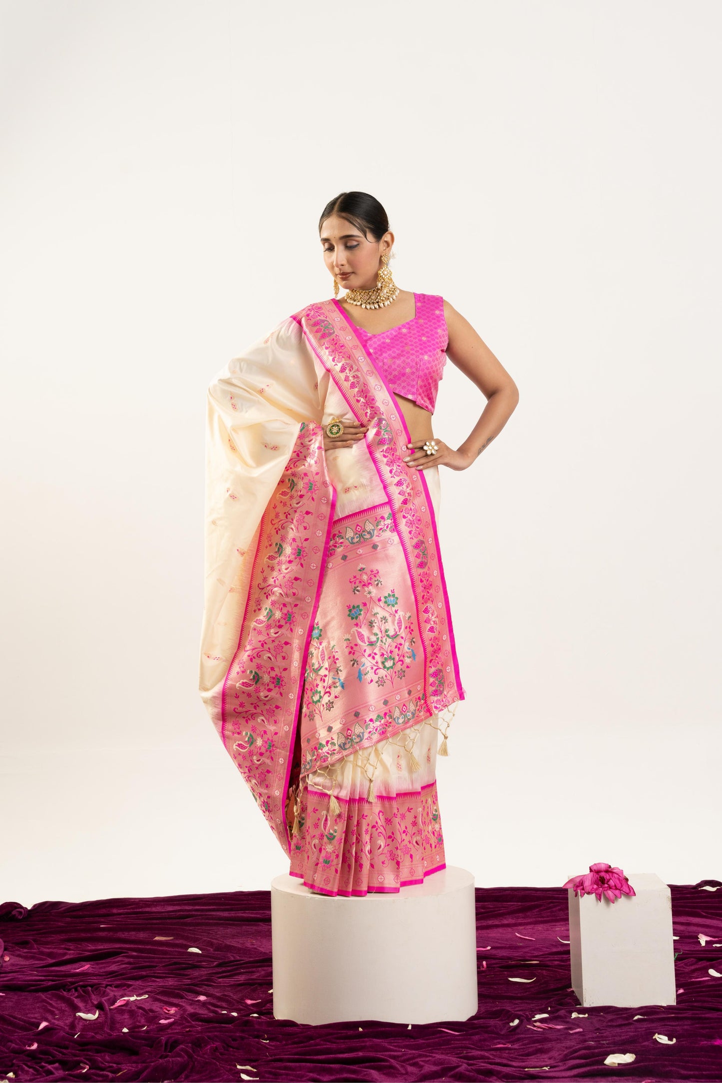 Jyoti Fashion Women's Cream Soft Banarasi Silk Zari Woven Saree with Blouse