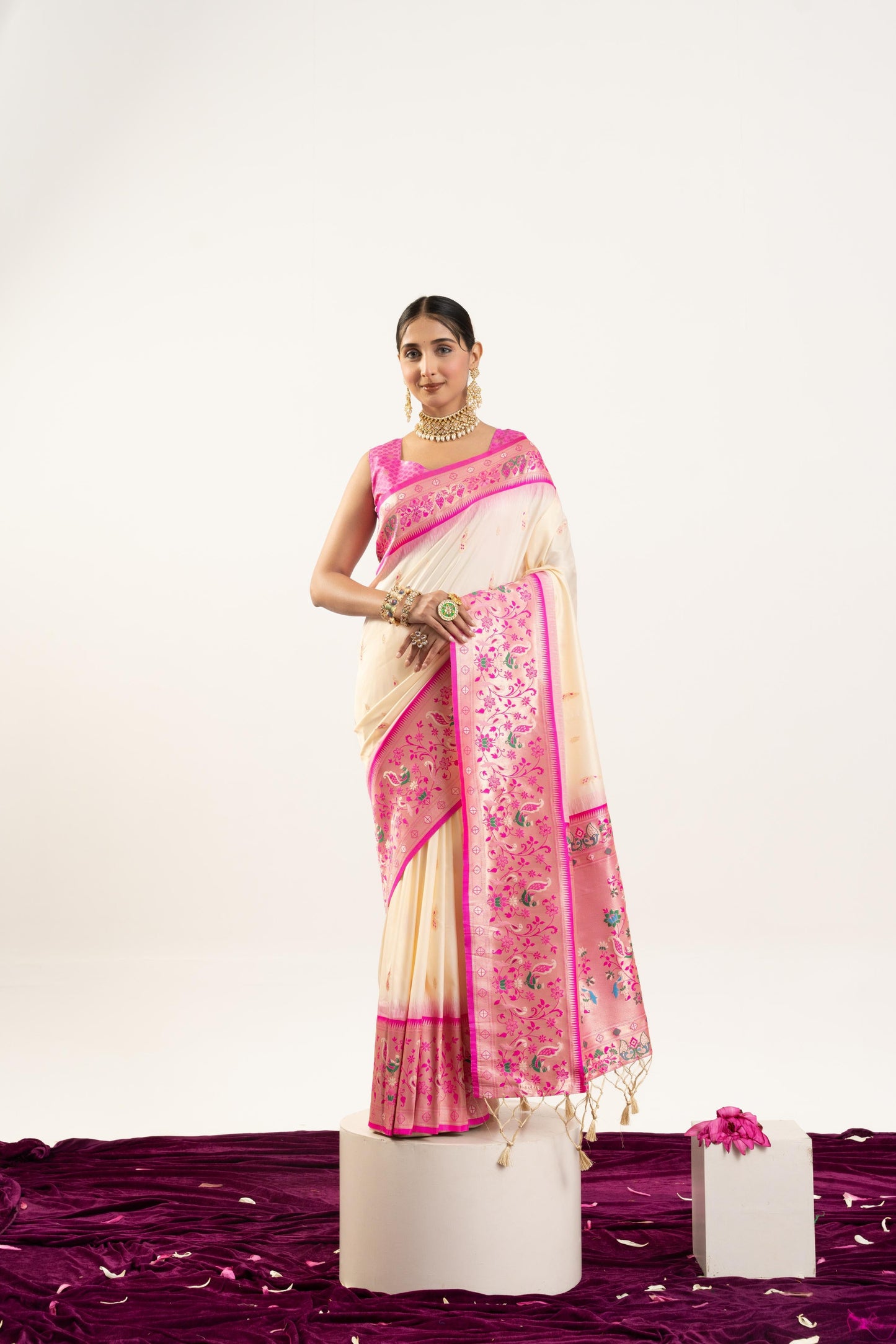 Jyoti Fashion Women's Cream Soft Banarasi Silk Zari Woven Saree with Blouse