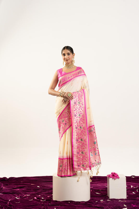 Jyoti Fashion Women's Cream Soft Banarasi Silk Zari Woven Saree with Blouse