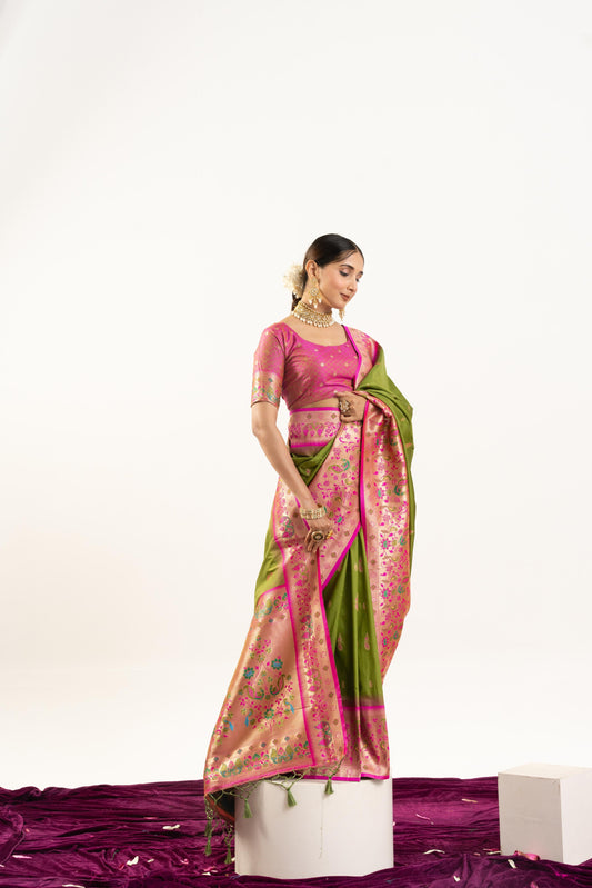Jyoti Fashion Women's Mehendi Soft Banarasi Silk Zari Woven Saree with Blouse