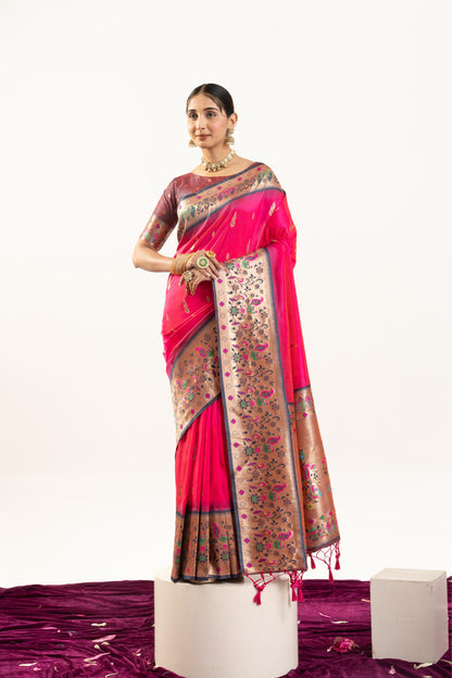 Jyoti Fashion Women's Rani Soft Banarasi Silk Zari Woven Saree with Blouse