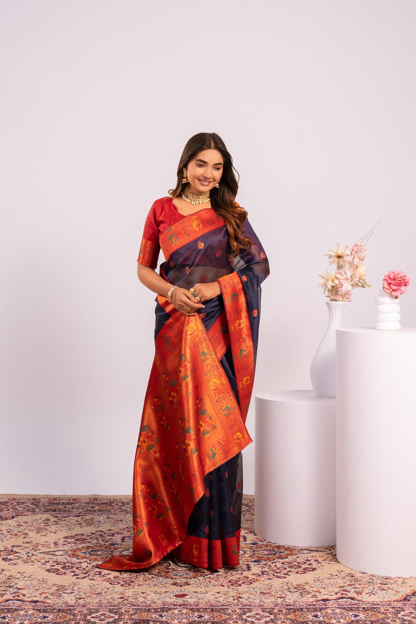 Jyoti Fashion Women's Blue Soft Tissue Silk Zari Woven Saree with Blouse