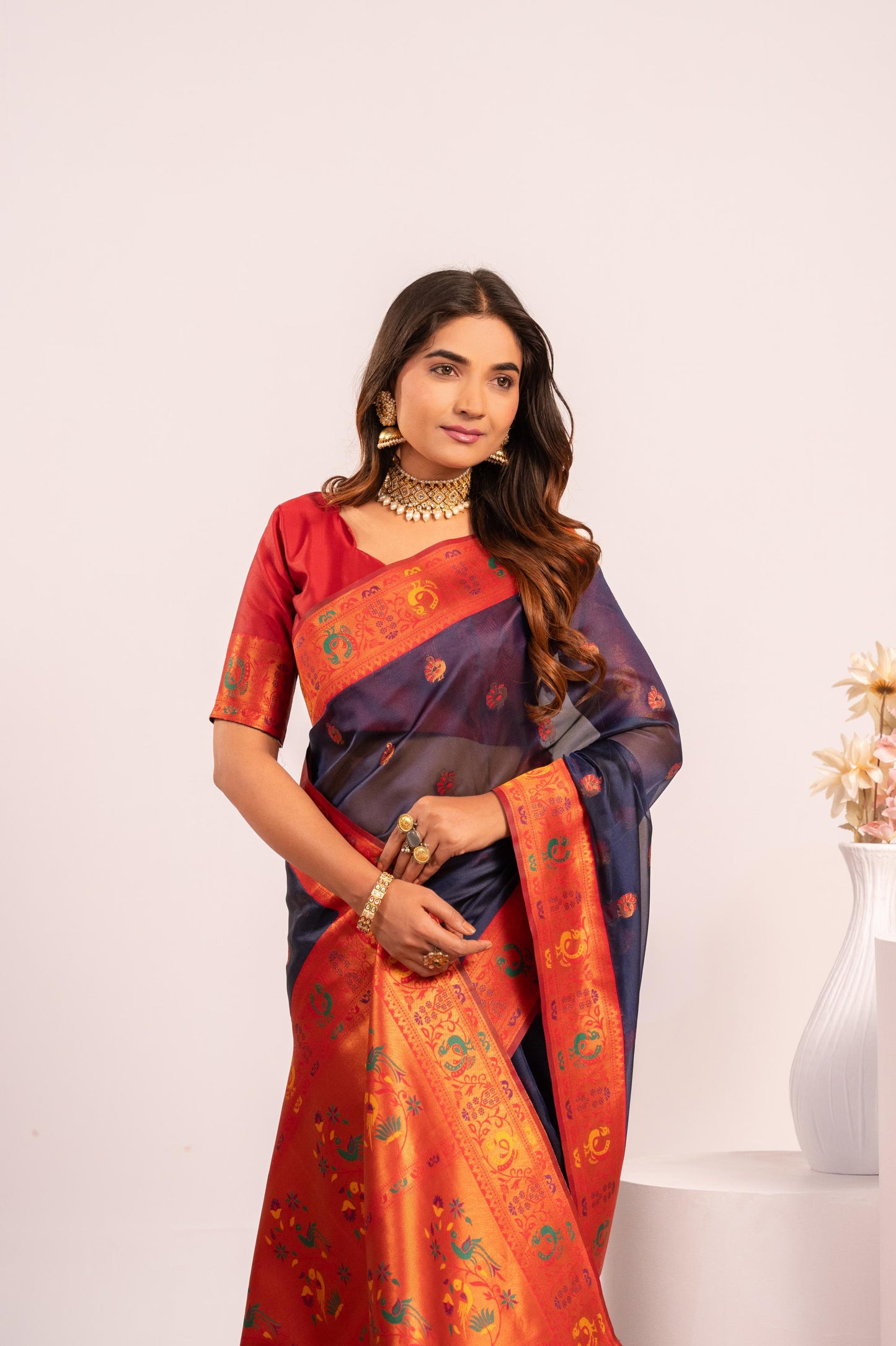 Jyoti Fashion Women's Blue Soft Tissue Silk Zari Woven Saree with Blouse