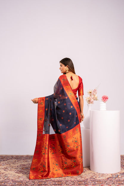 Jyoti Fashion Women's Blue Soft Tissue Silk Zari Woven Saree with Blouse