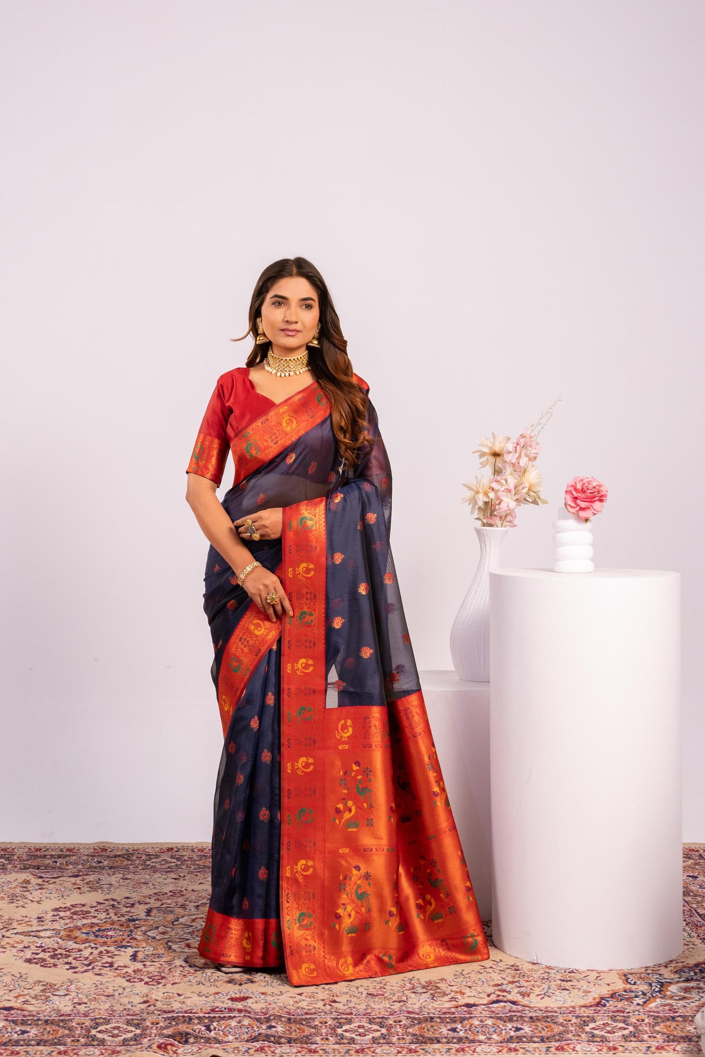 Jyoti Fashion Women's Blue Soft Tissue Silk Zari Woven Saree with Blouse