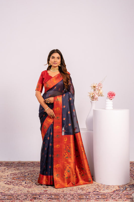 Jyoti Fashion Women's Blue Soft Tissue Silk Zari Woven Saree with Blouse