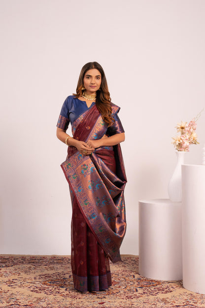 Jyoti Fashion Women's Coffee Soft Tissue Silk Zari Woven Saree with Blouse