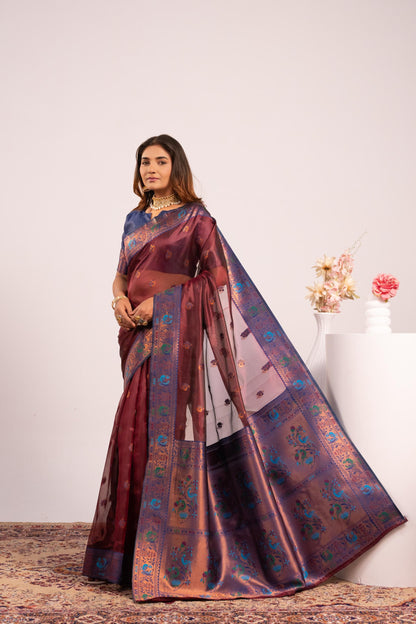 Jyoti Fashion Women's Coffee Soft Tissue Silk Zari Woven Saree with Blouse