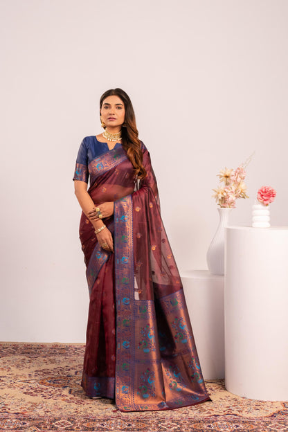 Jyoti Fashion Women's Coffee Soft Tissue Silk Zari Woven Saree with Blouse