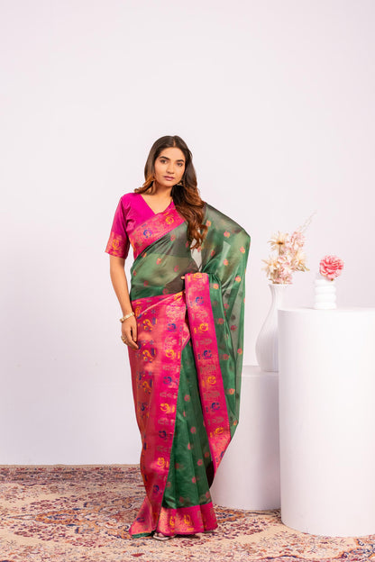 Jyoti Fashion Women's Green Soft Tissue Silk Zari Woven Saree with Blouse