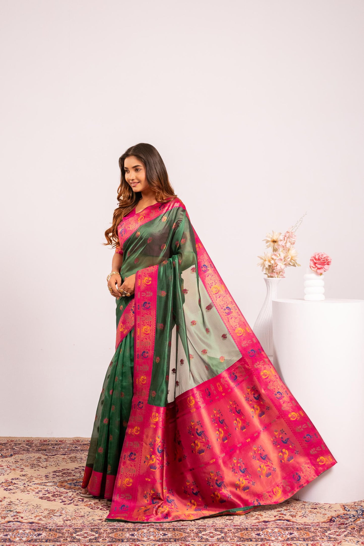 Jyoti Fashion Women's Green Soft Tissue Silk Zari Woven Saree with Blouse
