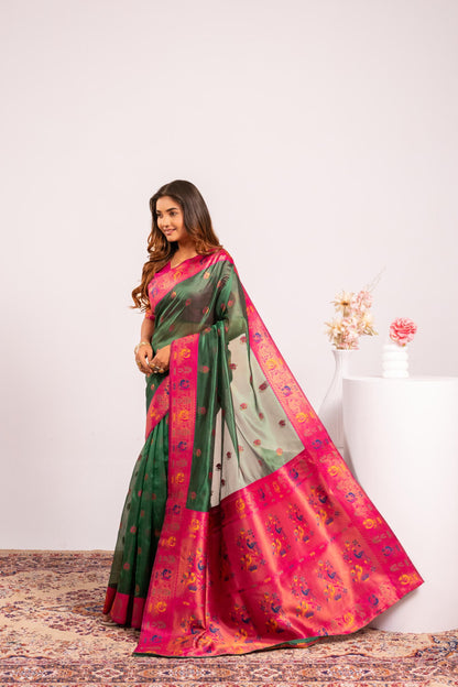 Jyoti Fashion Women's Green Soft Tissue Silk Zari Woven Saree with Blouse