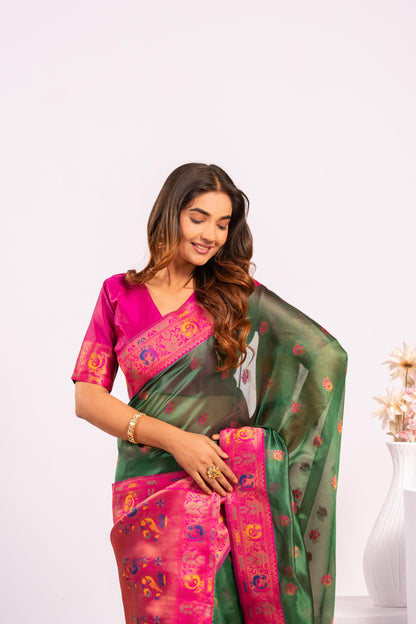 Jyoti Fashion Women's Green Soft Tissue Silk Zari Woven Saree with Blouse