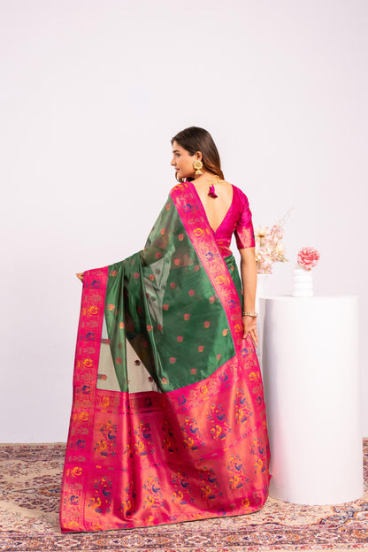 Jyoti Fashion Women's Green Soft Tissue Silk Zari Woven Saree with Blouse
