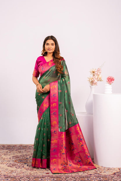 Jyoti Fashion Women's Green Soft Tissue Silk Zari Woven Saree with Blouse