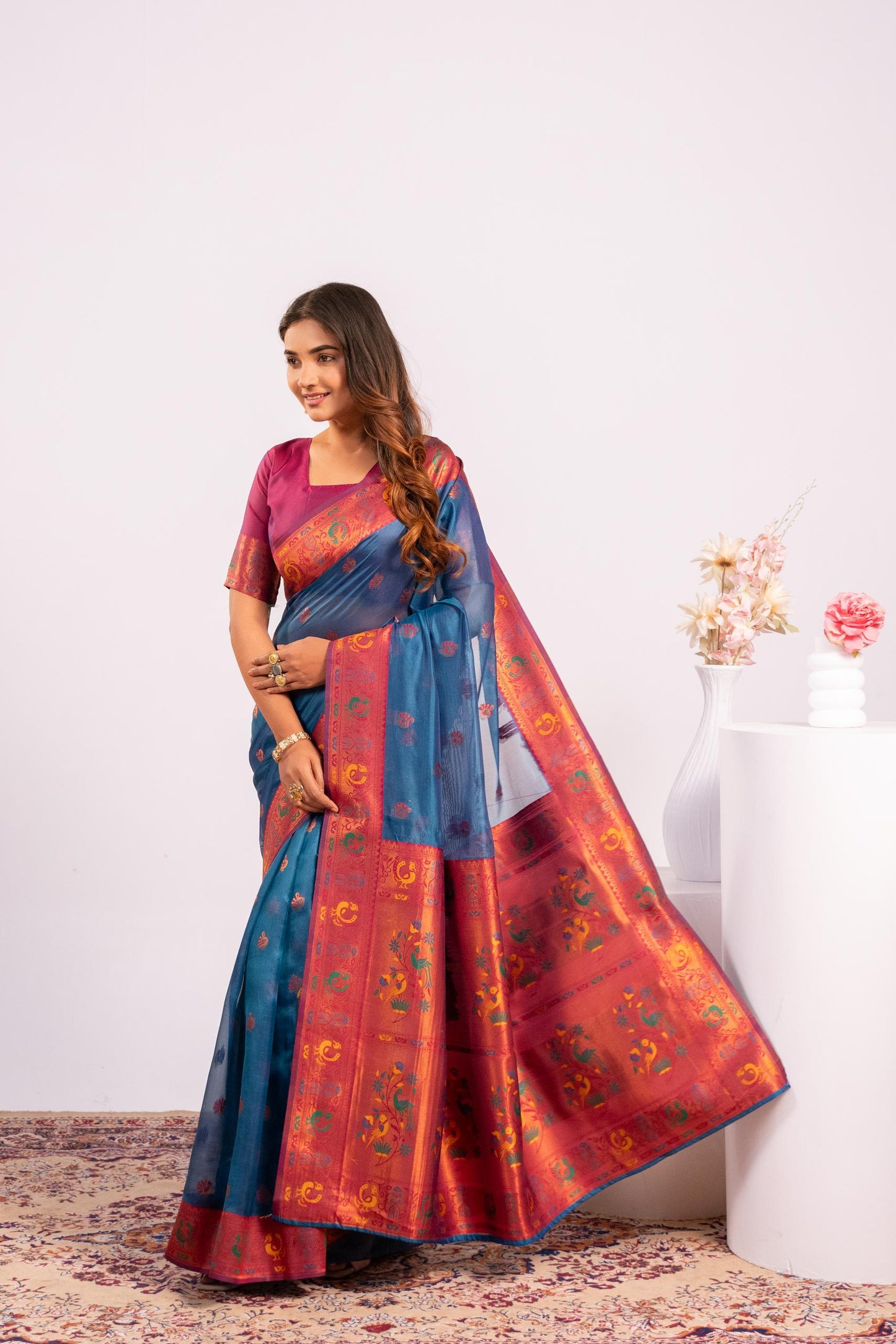 Jyoti Fashion Women's Rama Soft Tissue Silk Zari Woven Saree with Blouse