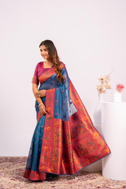 Jyoti Fashion Women's Rama Soft Tissue Silk Zari Woven Saree with Blouse