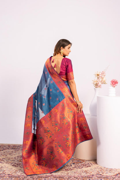 Jyoti Fashion Women's Rama Soft Tissue Silk Zari Woven Saree with Blouse