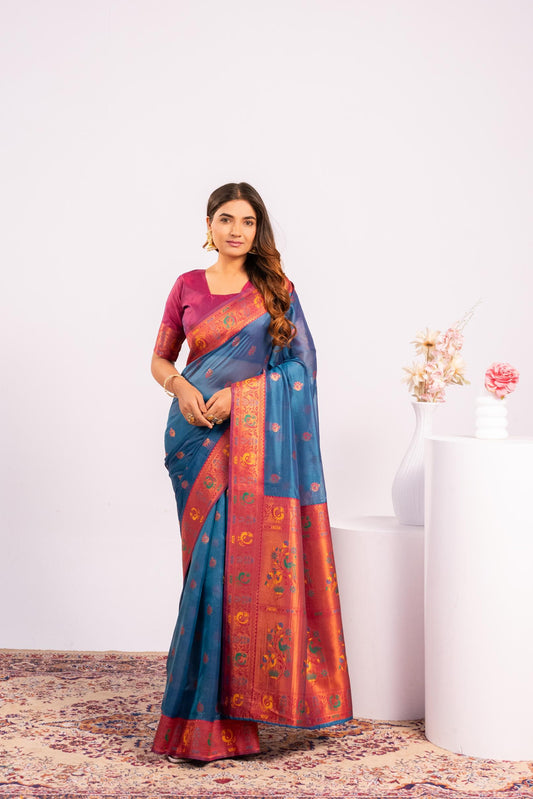 Jyoti Fashion Women's Rama Soft Tissue Silk Zari Woven Saree with Blouse
