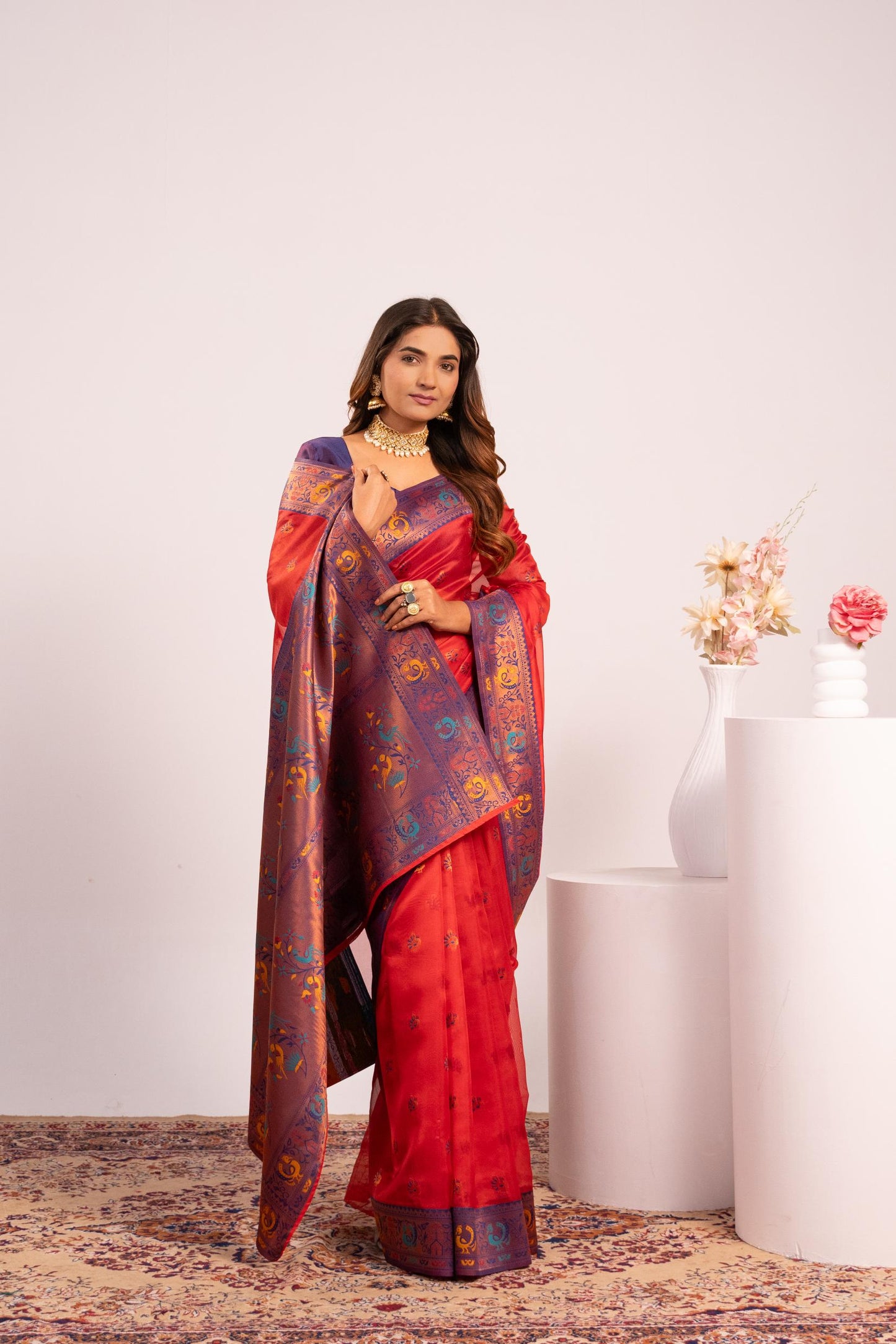 Jyoti Fashion Women's Red Soft Tissue Silk Zari Woven Saree with Blouse