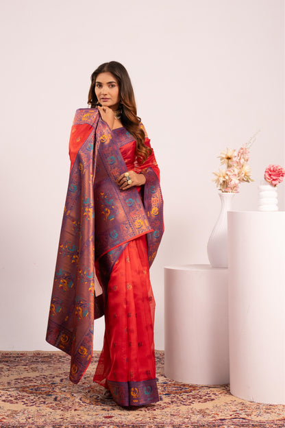 Jyoti Fashion Women's Red Soft Tissue Silk Zari Woven Saree with Blouse