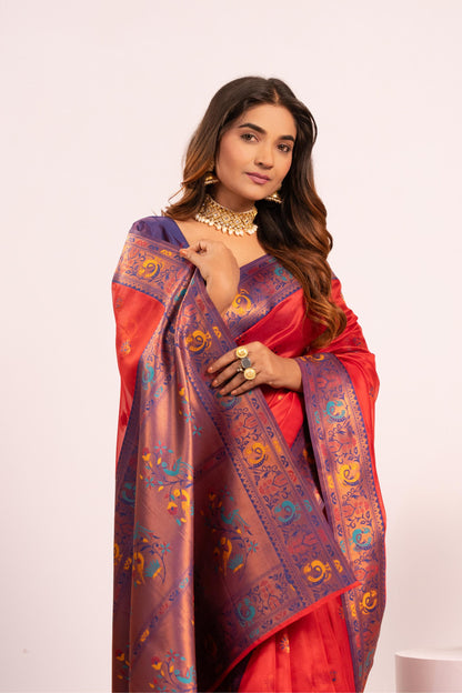 Jyoti Fashion Women's Red Soft Tissue Silk Zari Woven Saree with Blouse