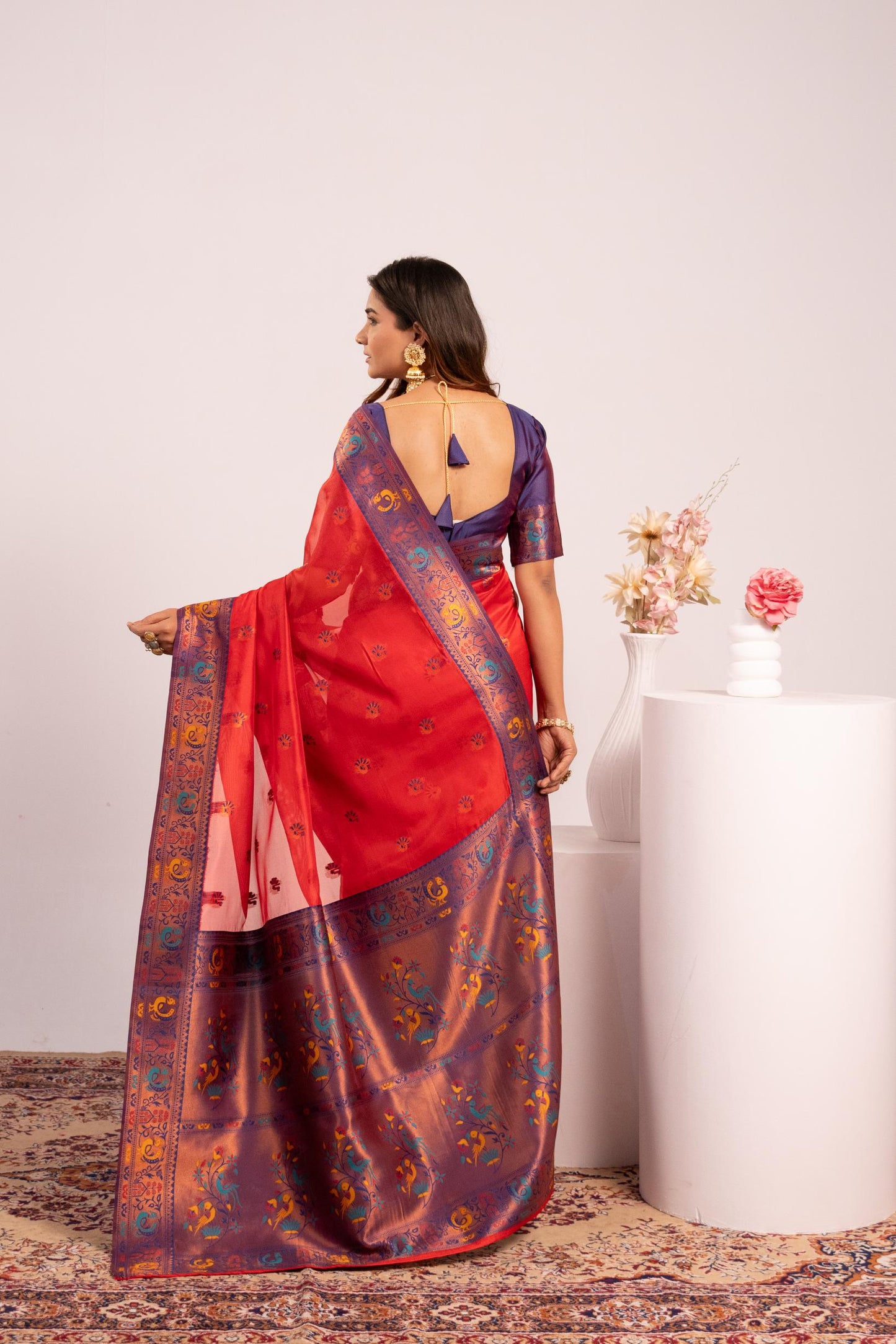 Jyoti Fashion Women's Red Soft Tissue Silk Zari Woven Saree with Blouse