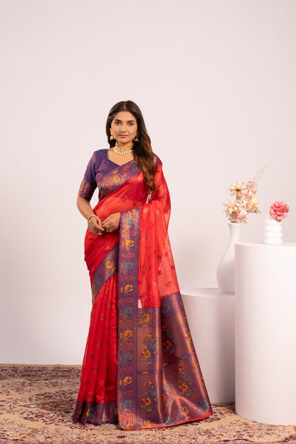Jyoti Fashion Women's Red Soft Tissue Silk Zari Woven Saree with Blouse
