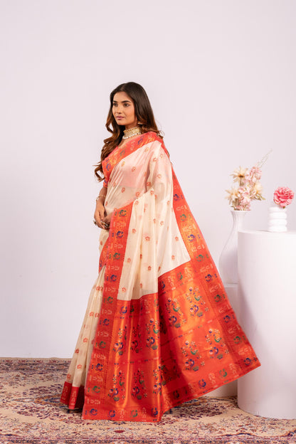 Jyoti Fashion Women's White Soft Tissue Silk Zari Woven Saree with Blouse