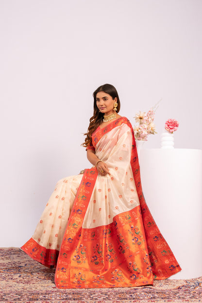 Jyoti Fashion Women's White Soft Tissue Silk Zari Woven Saree with Blouse