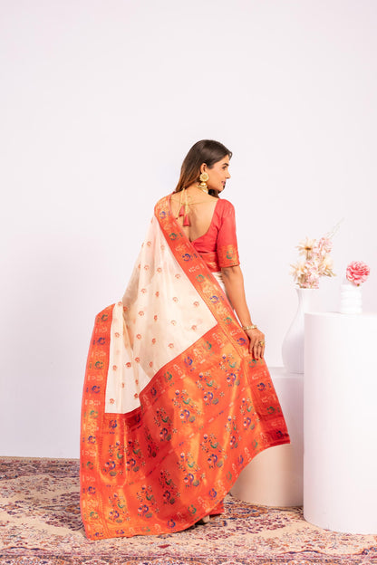 Jyoti Fashion Women's White Soft Tissue Silk Zari Woven Saree with Blouse