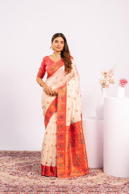 Jyoti Fashion Women's White Soft Tissue Silk Zari Woven Saree with Blouse