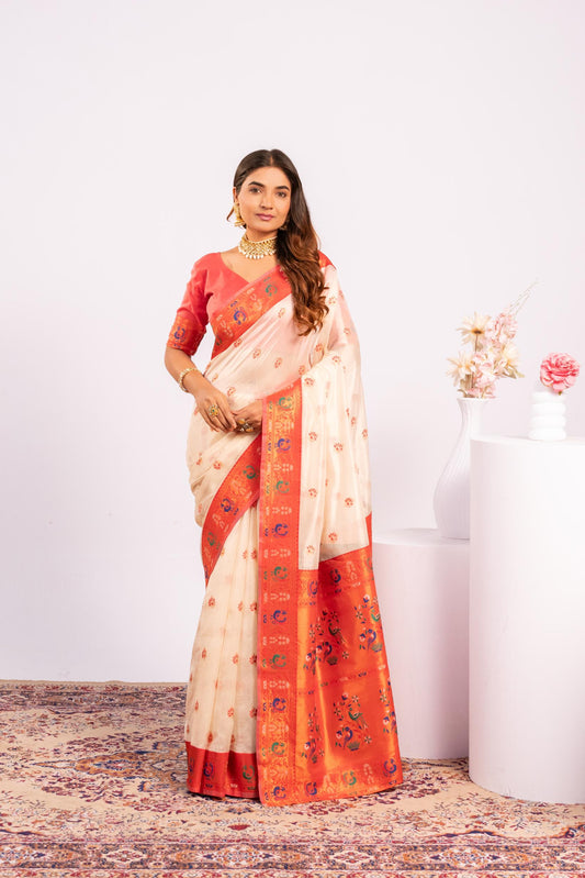 Jyoti Fashion Women's White Soft Tissue Silk Zari Woven Saree with Blouse