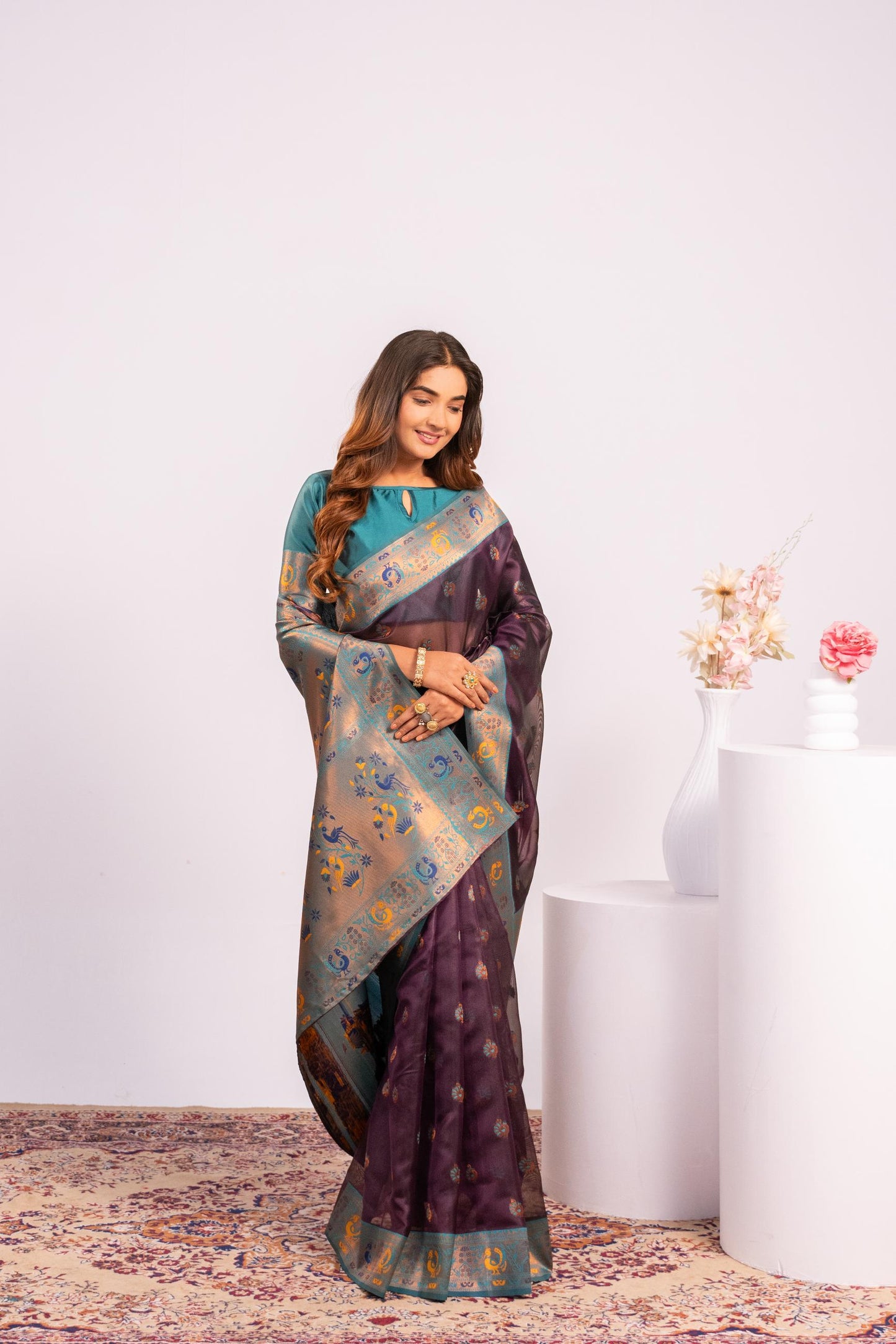 Jyoti Fashion Women's Wine Soft Tissue Silk Zari Woven Saree with Blouse