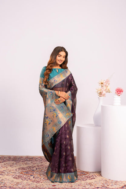 Jyoti Fashion Women's Wine Soft Tissue Silk Zari Woven Saree with Blouse