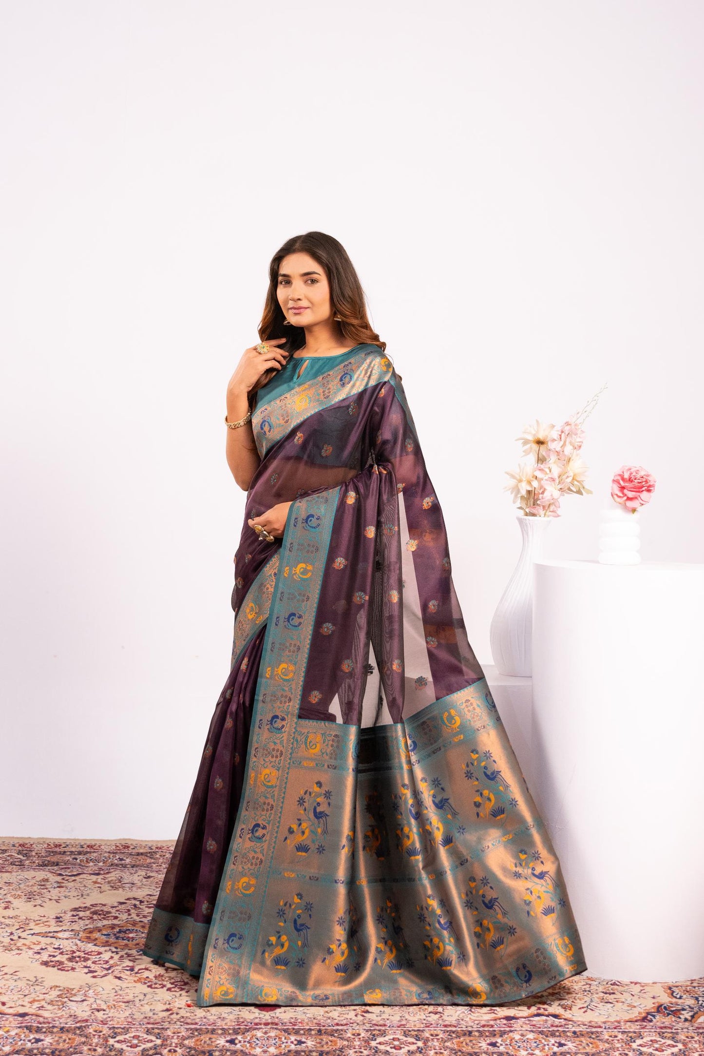 Jyoti Fashion Women's Wine Soft Tissue Silk Zari Woven Saree with Blouse